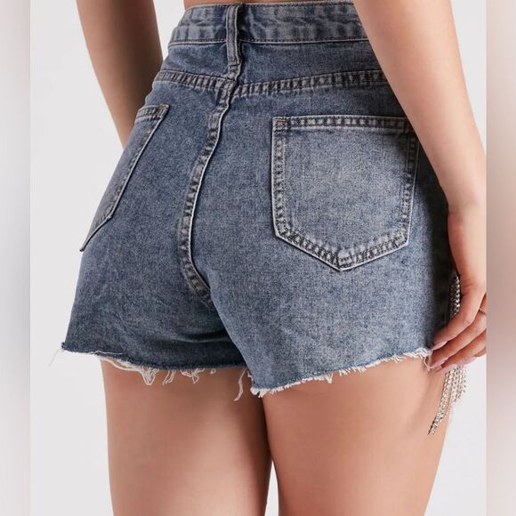 On The Fringe Rhinestone Denim Shorts - Picture 3 of 6